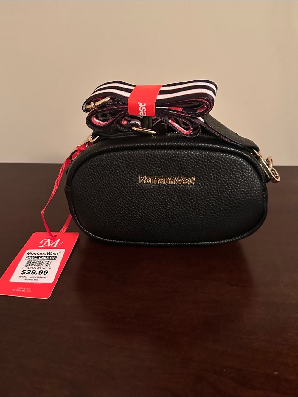 Montana West Black Pebbled Oval Crossbody with Striped Detachable Strap
